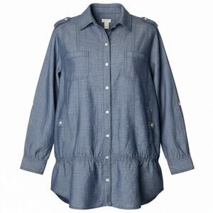 Chico's Linen Blend Military Peplum Chambray Top Blue Large